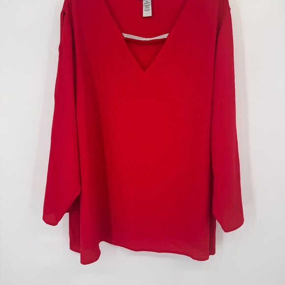 Catherines Red V-Neck Long Sleeve Top Rhinestone Accent size 3X 26/28W - Picture 6 of 11